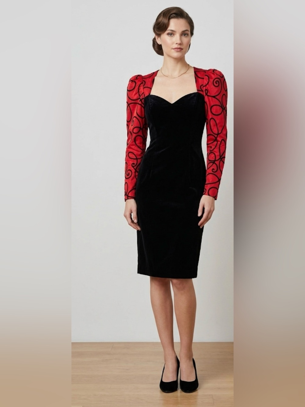 Gunne Sax Black Velvet Sheath Dress with Red Patterned Long Sleeves